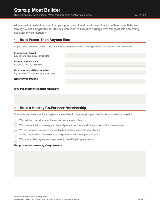 Page 1 of the Startup Moat Builder worksheet